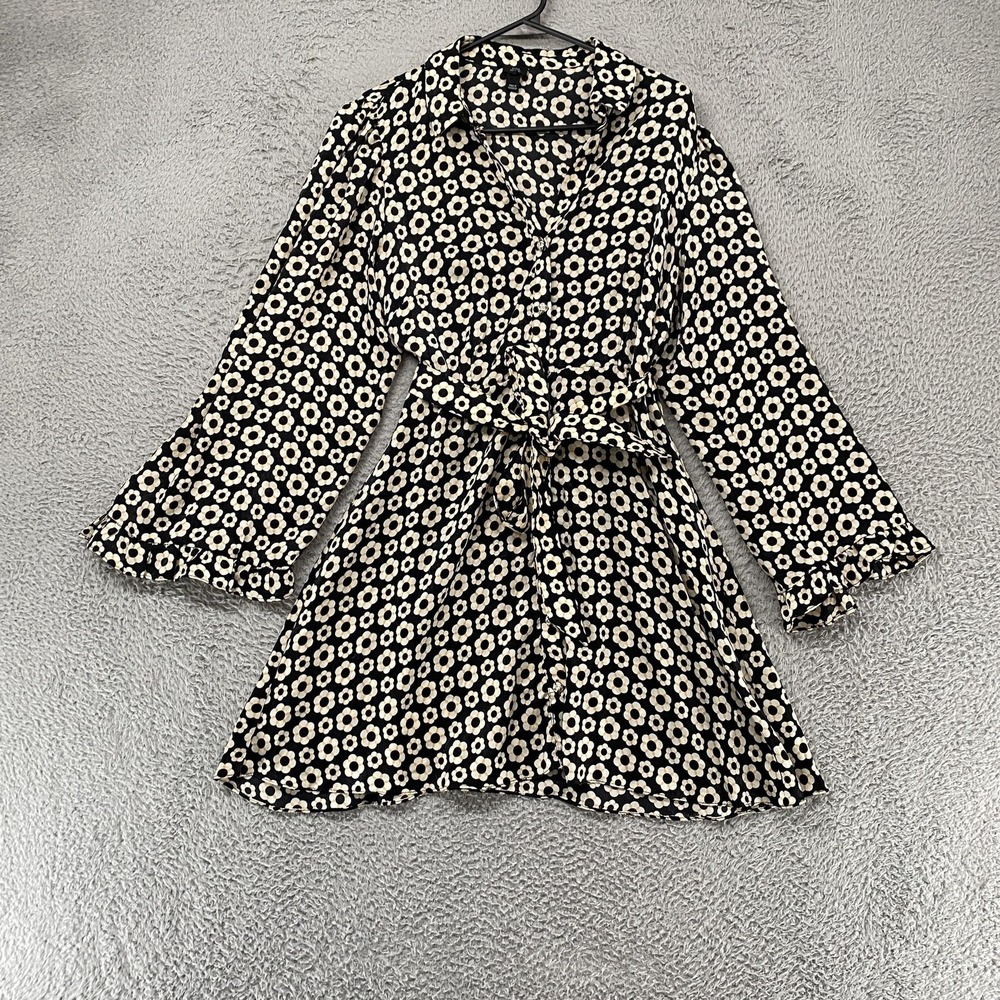 River Island Shirt Dress Womens 10 Black Daisy Floral Belted Ruffle Fit Flare